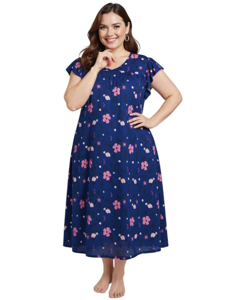 Electra Nightie - Blue Print worn by a model, showcasing the floral design and relaxed fit for women fashion, plus size.