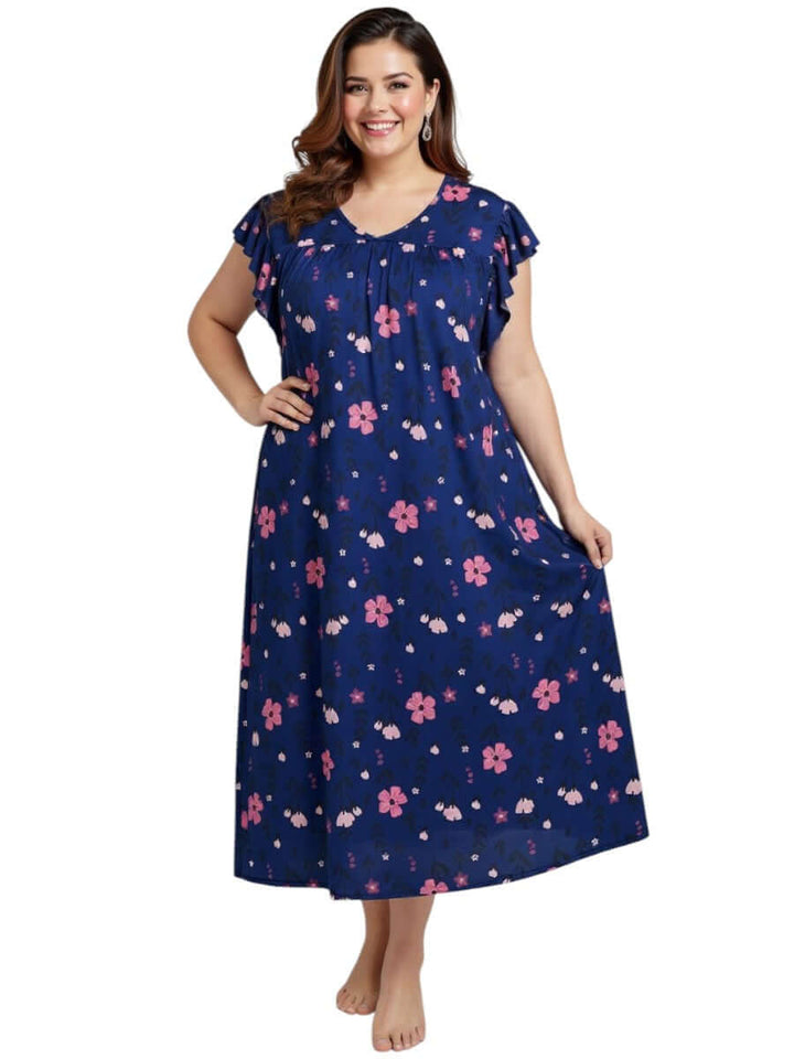 Electra Nightie - Blue Print, plus size women's nightie in navy blue with pink floral print, soft-stretch fabric.