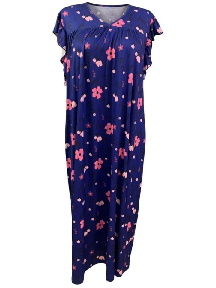 Electra Nightie - Blue Print in navy blue with pink floral print, plus size women's fashion by Dale and Waters.