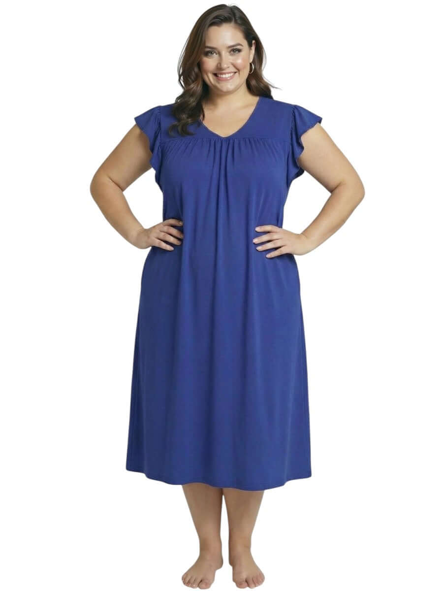 Plus size women's full-length Electra nightie in blue, featuring a relaxed fit and soft fabric for comfortable sleepwear.