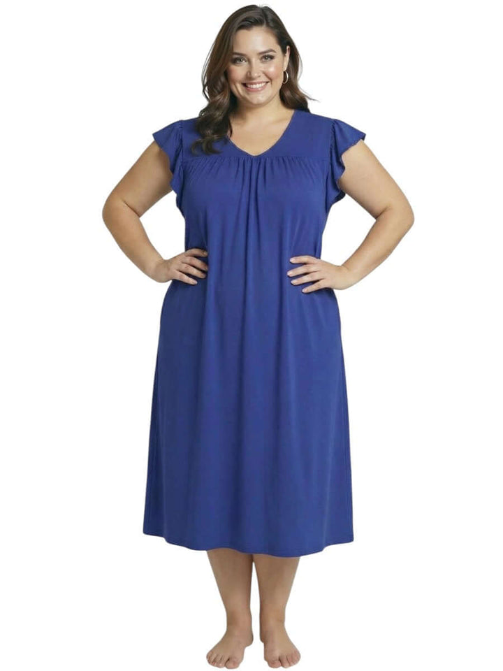 Plus size women's full-length Electra nightie in blue, featuring a relaxed fit and soft fabric for comfortable sleepwear.