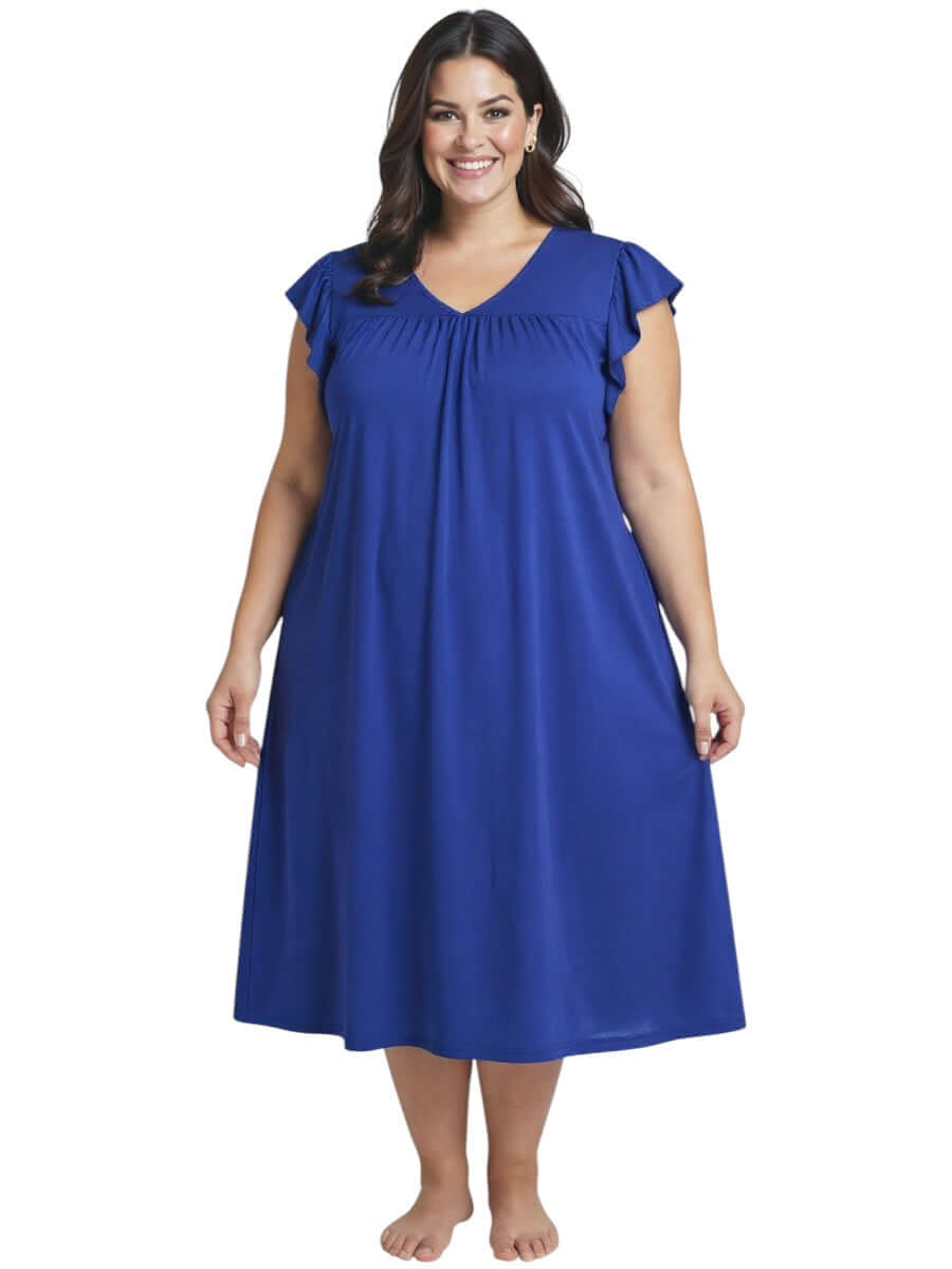 Plus size women's Electra nightie in solid blue, featuring a relaxed flowing design and soft fabric for comfort.