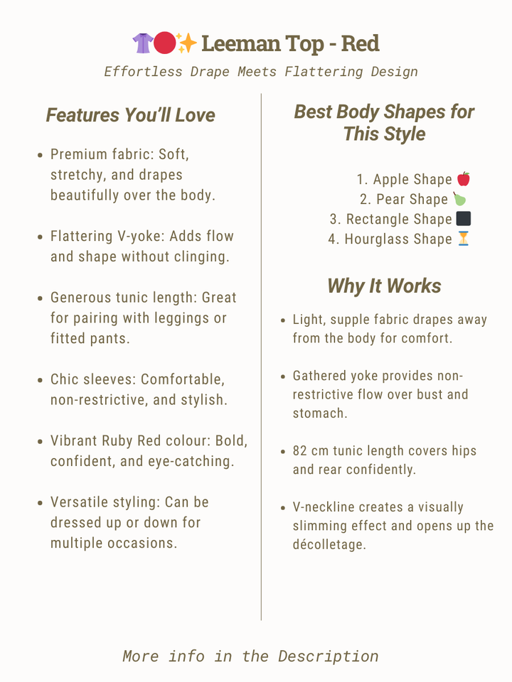 Leeman Top - Red features and body shape guide for women's plus size, sizes 16-50, by Dale and Waters.