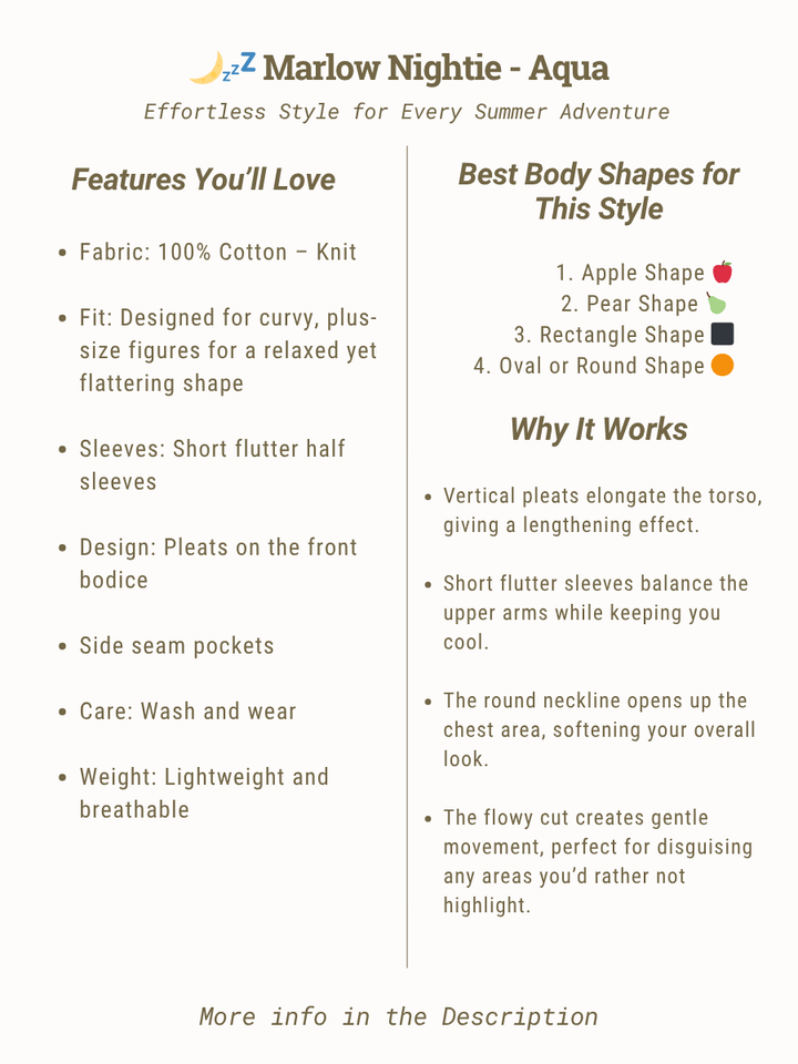 Marlow Nightie - Aqua features details on fabric, fit, and best body shapes for plus size women sizes 16-50.