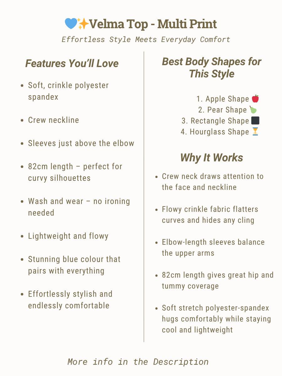 Velma Top - Multi Print features soft crinkle polyester spandex, elbow-length sleeves, and a flattering crew neckline.