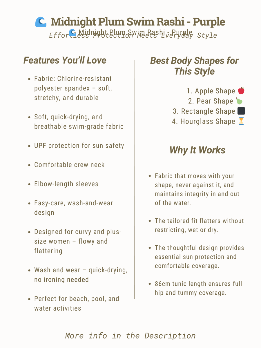 Midnight Plum Swim Rashi - Purple features and benefits for plus size women, size 16-50, by Dale and Waters.