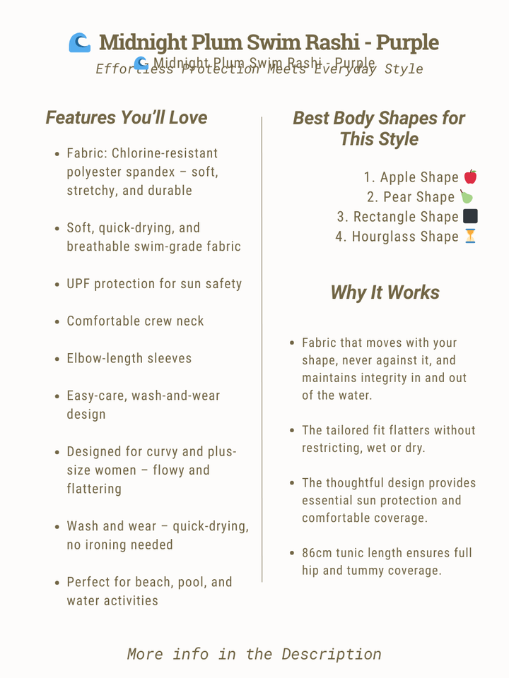 Midnight Plum Swim Rashi - Purple features and benefits for plus size women, size 16-50, by Dale and Waters.