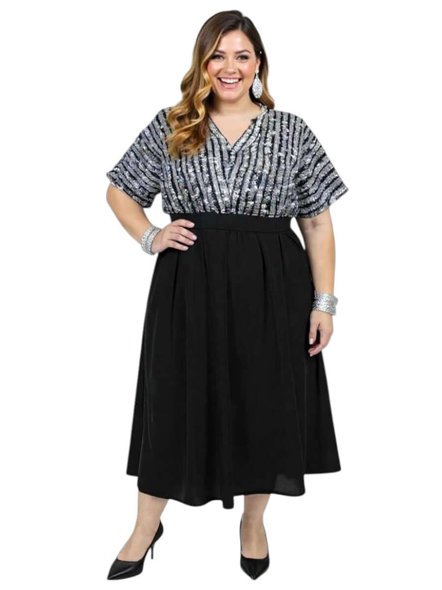 Plus Size Midnight Sonata Dress – Black by Dale and Waters, featuring sequin bodice and flowing skirt, perfect for evening events.