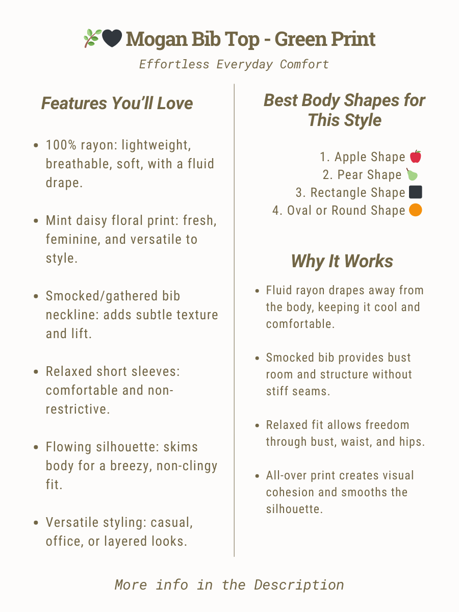 Mogan Bib Top - Green Print features lightweight rayon, floral print, smocked neckline, and relaxed silhouette for plus size women.