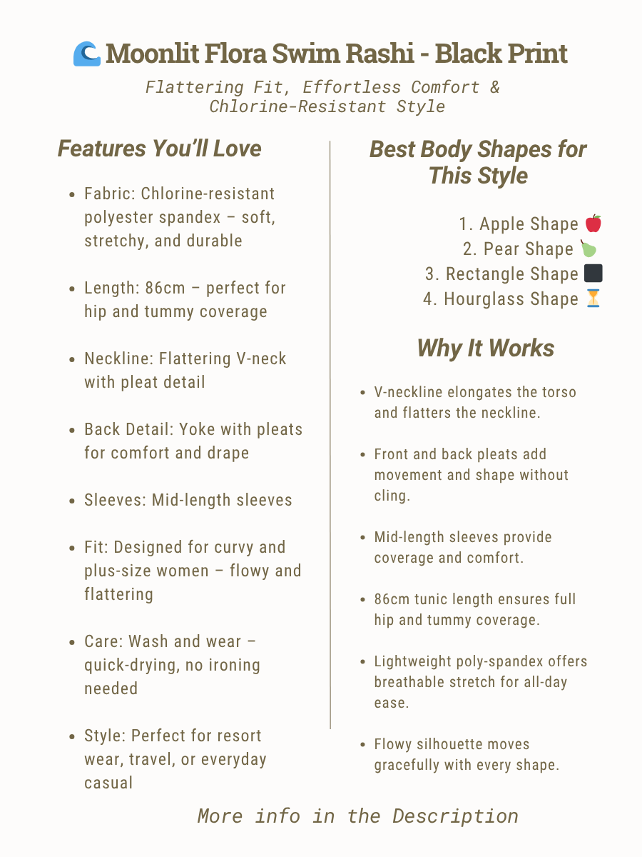 Moonlit Flora Swim Rashi - Black Print features and benefits for plus size women size 16-50, showing flattering fit and comfort.