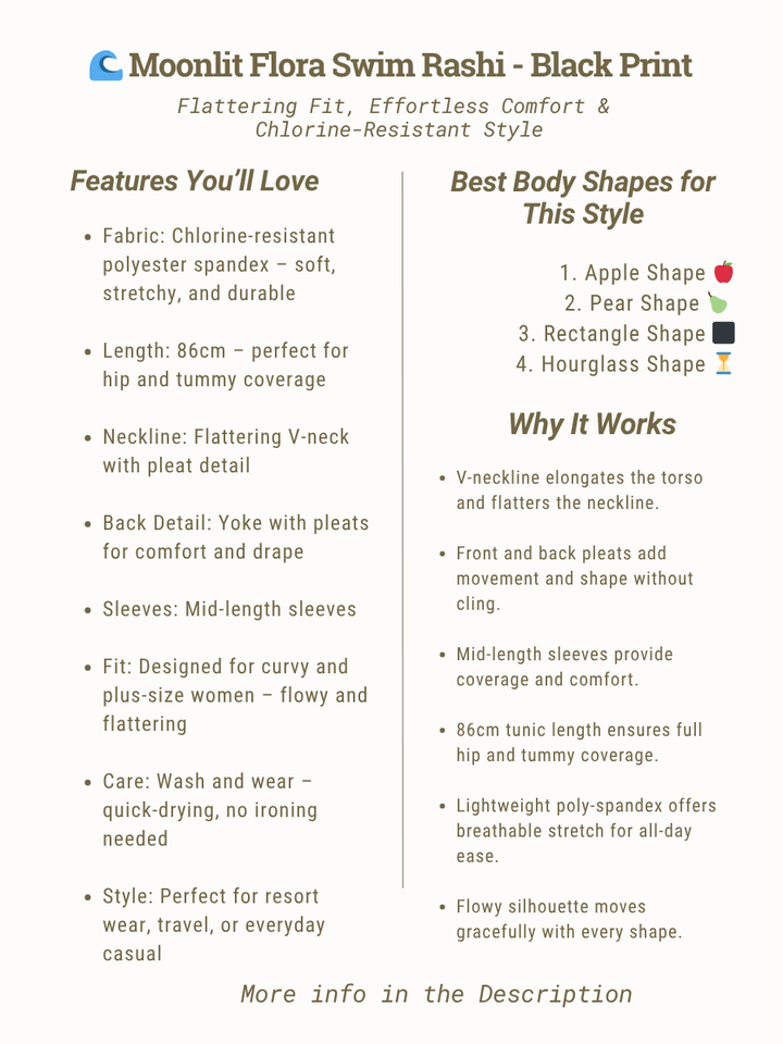 Moonlit Flora Swim Rashi - Black Print features and benefits for plus size women size 16-50, showing flattering fit and comfort.