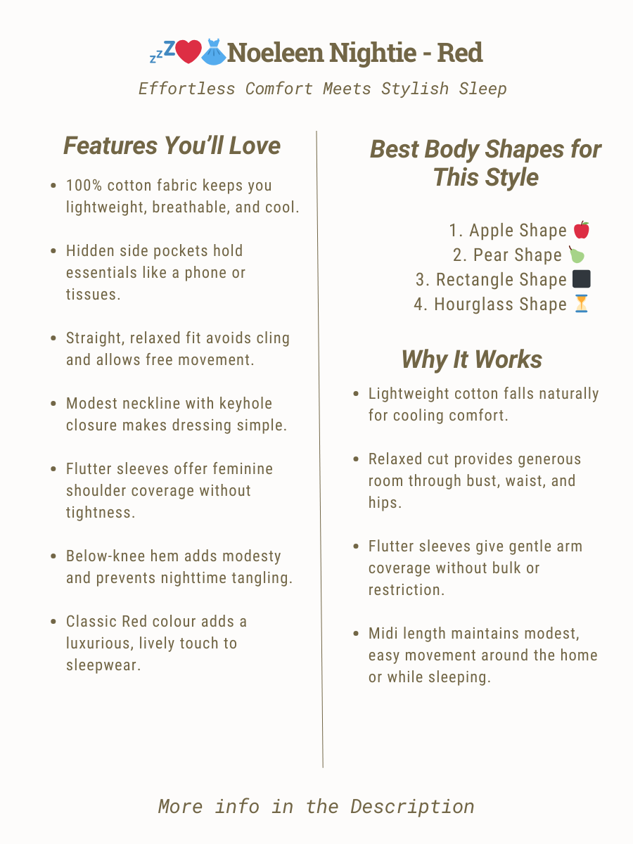 Noeleen Nightie - Red features overview, highlighting stylish comfort for women's plus size, sizes 16-50, by Dale and Waters.