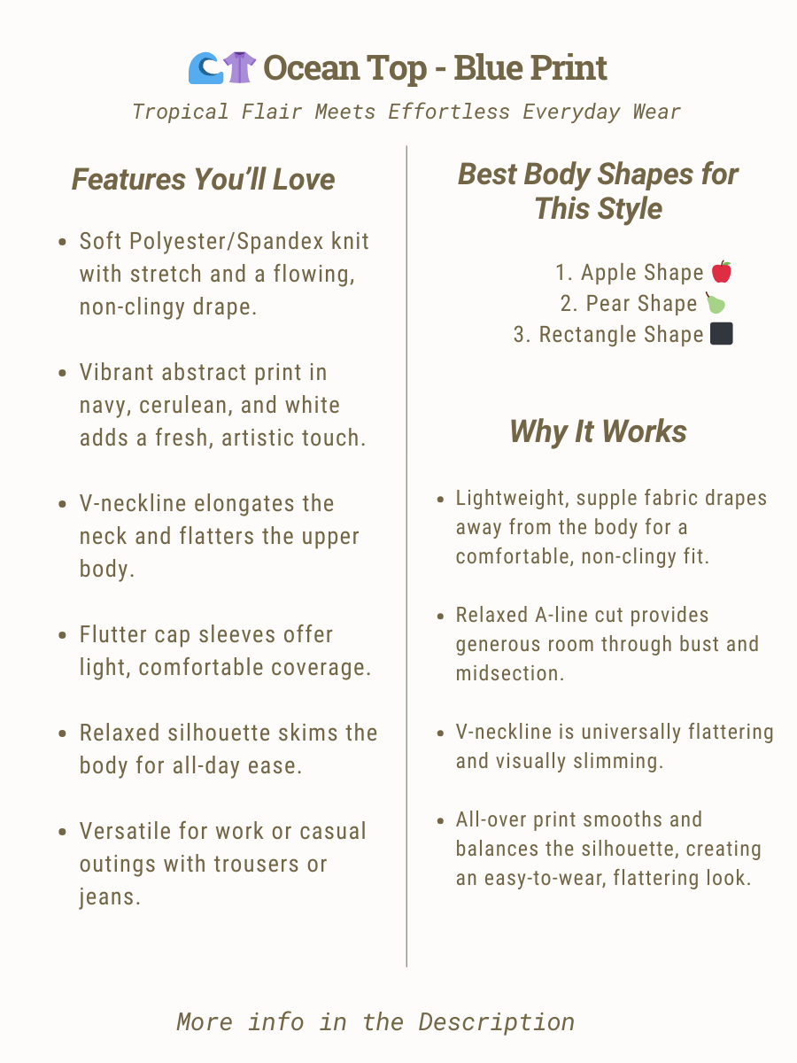 Ocean Top - Blue Print features for women's plus size 16-50, highlighting V-neckline, flutter sleeves, and relaxed fit.