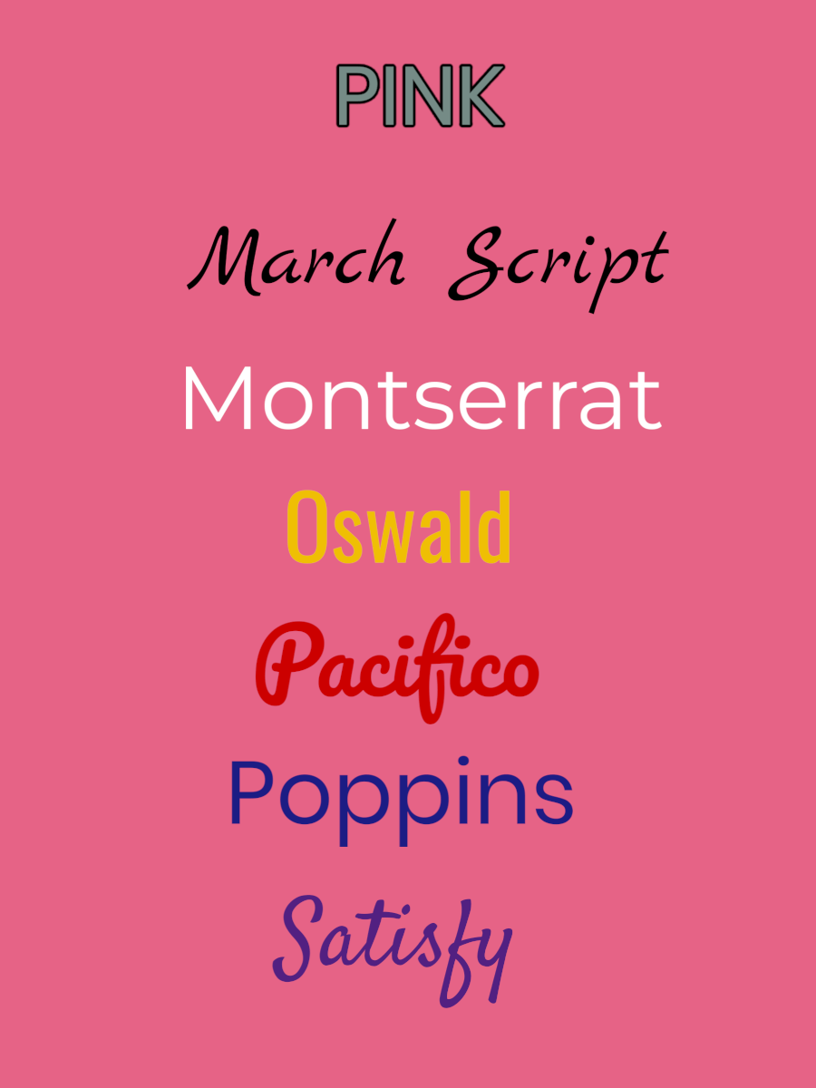Image showcasing various fonts including March Script, Montserrat, Oswald, Pacifico, Poppins, Satisfy on a pink background.