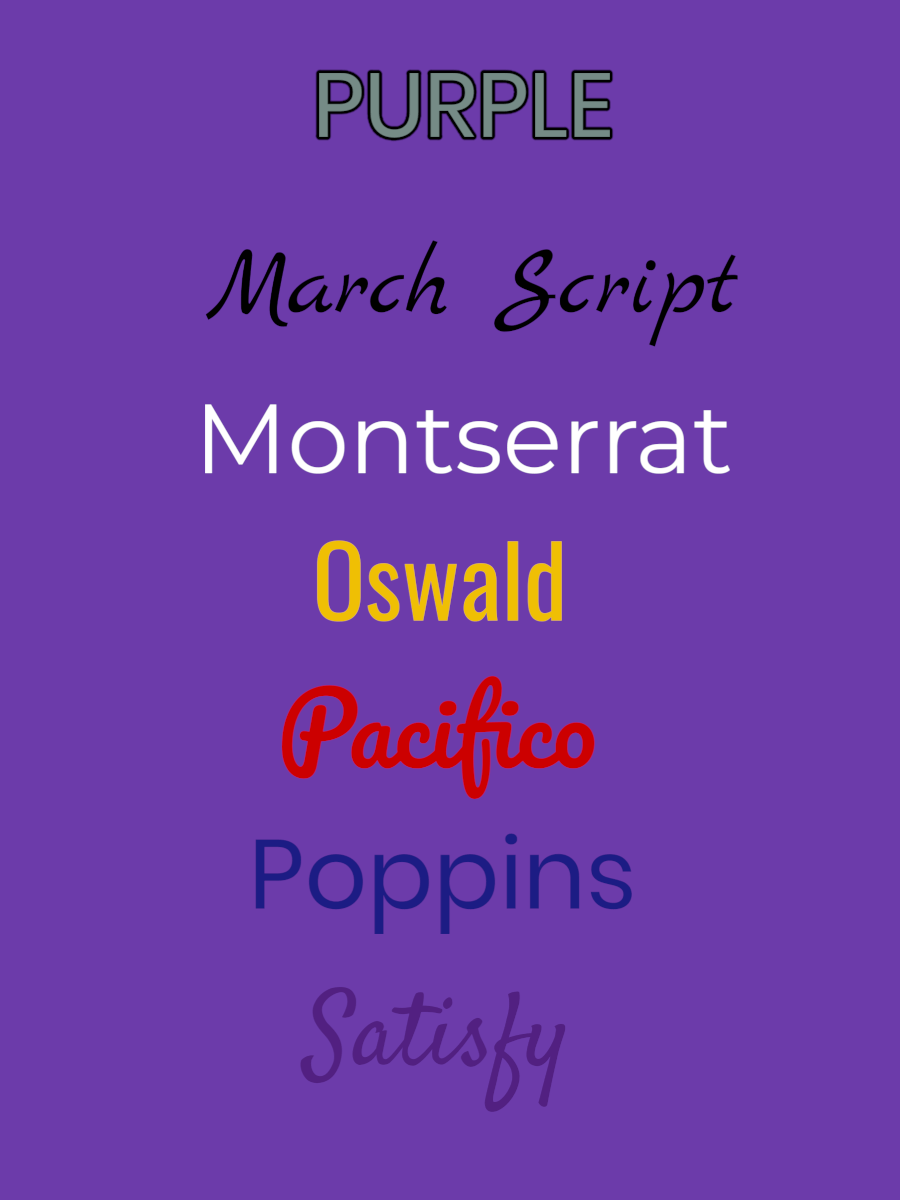 Text display of different fonts on a purple background, including March Script, Montserrat, Oswald, Pacifico, Poppins, and Satisfy.