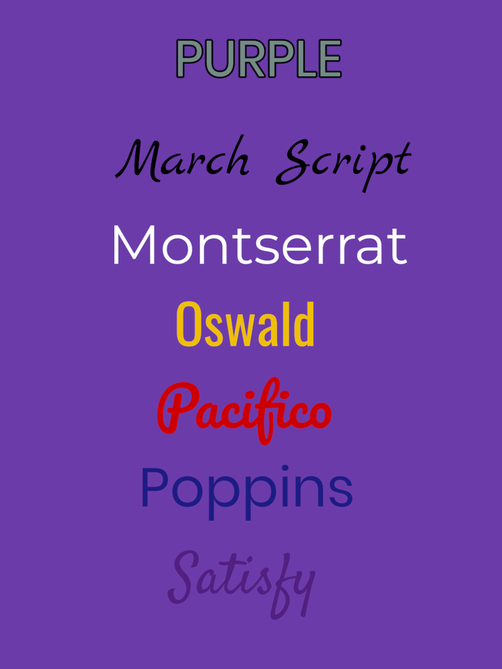Text display of different fonts on a purple background, including March Script, Montserrat, Oswald, Pacifico, Poppins, and Satisfy.