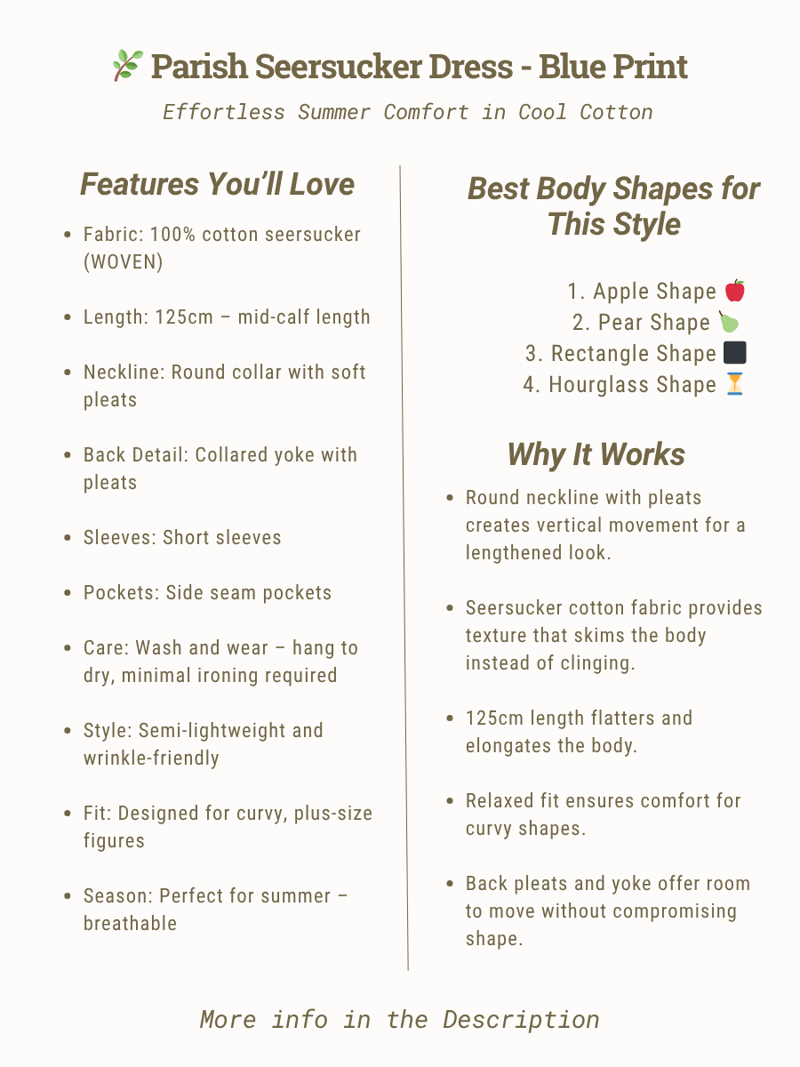 Parish Seersucker Dress - Blue Print features and body shape guide for plus size women, size 16-50, by Dale & Waters.