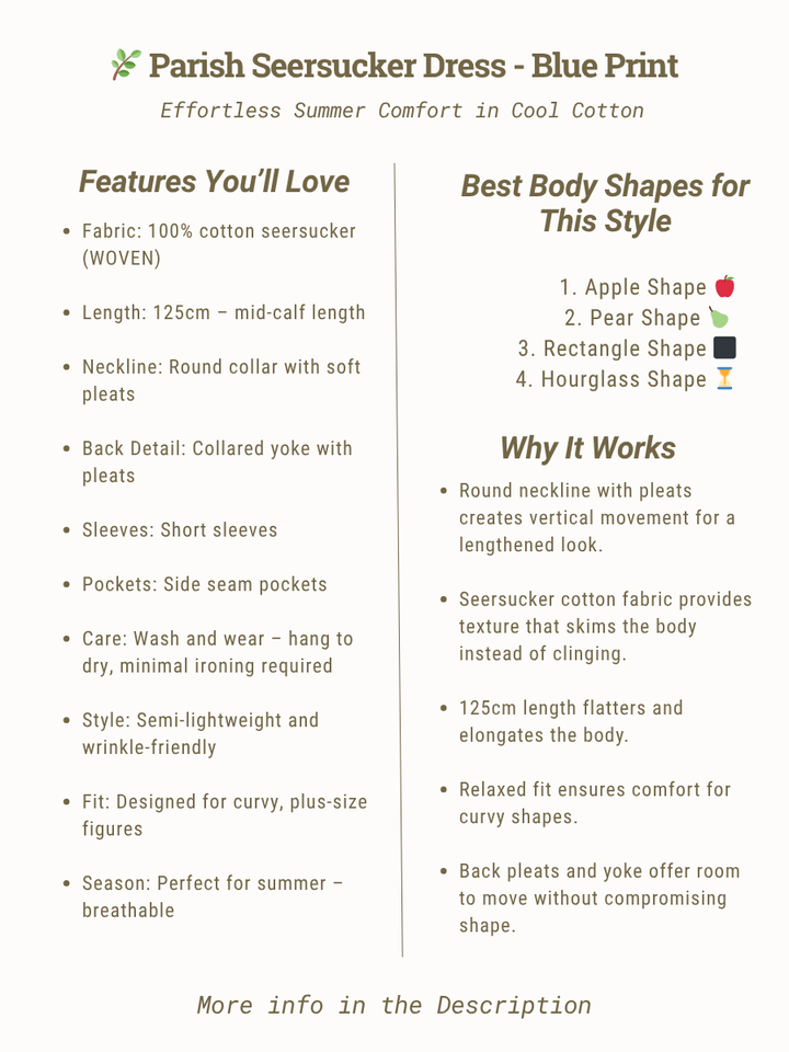 Parish Seersucker Dress - Blue Print features and body shape guide for plus size women, size 16-50, by Dale & Waters.