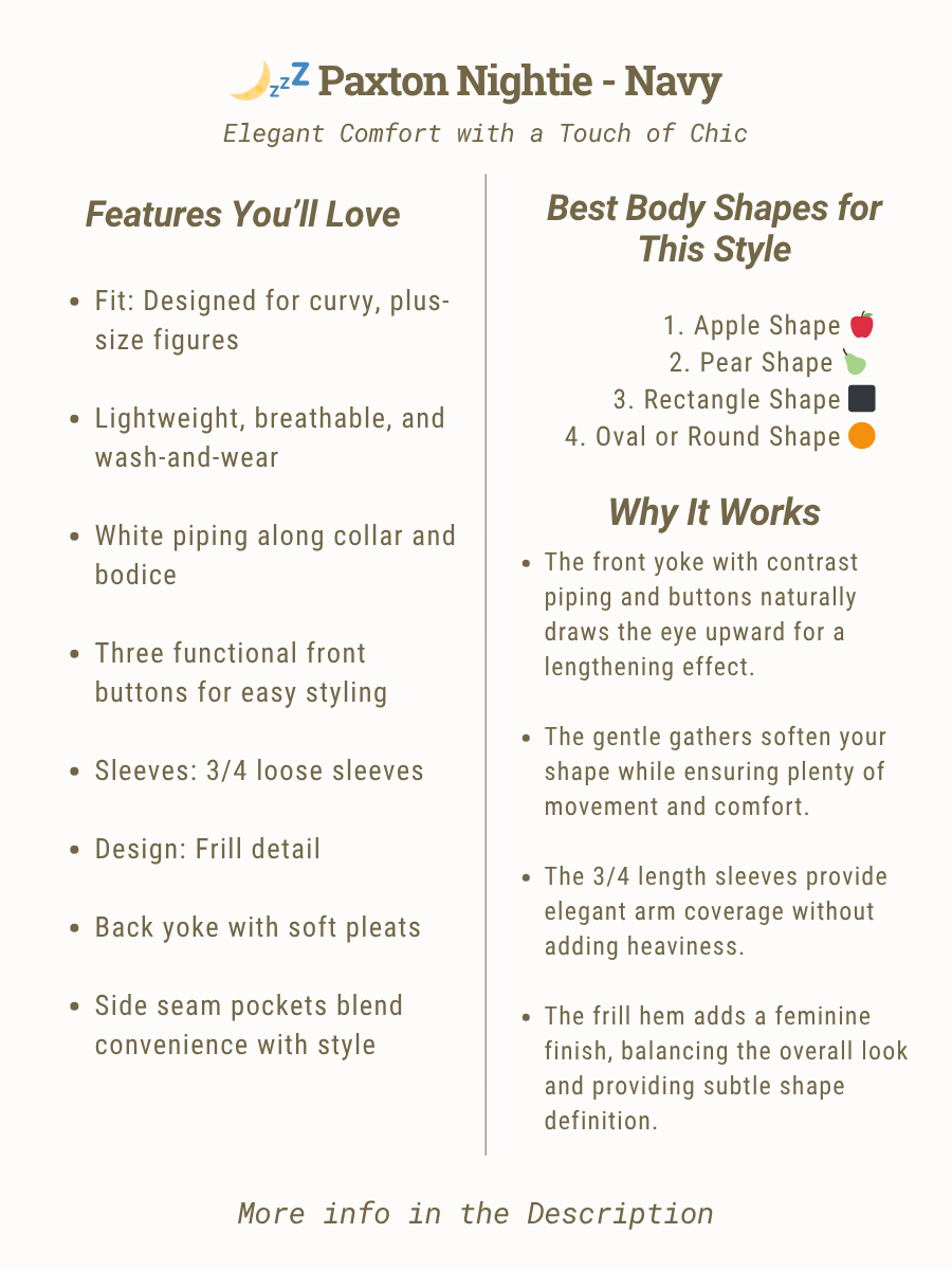 Paxton Nightie - Navy features list including fit, fabric, design, and best body shapes for the style.