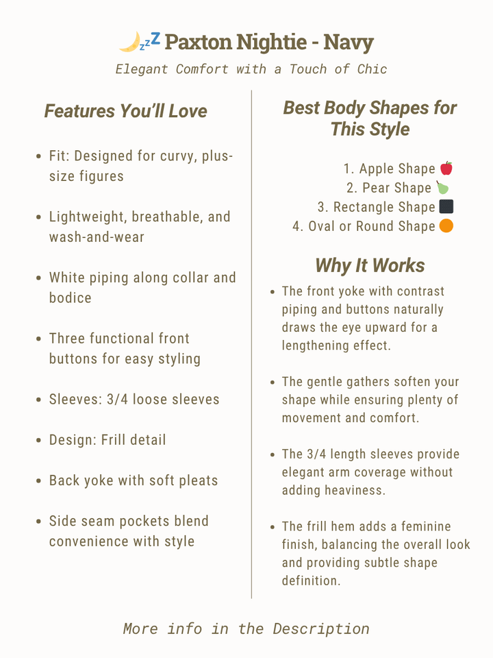 Paxton Nightie - Navy features list including fit, fabric, design, and best body shapes for the style.