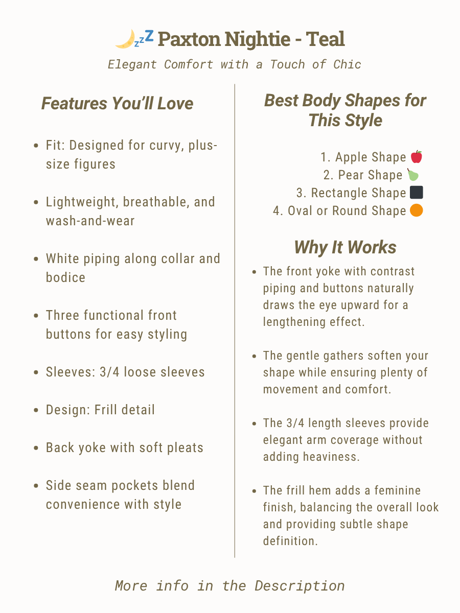 Paxton Nightie - Teal features and body shapes it flatters for elegant comfort and chic style.