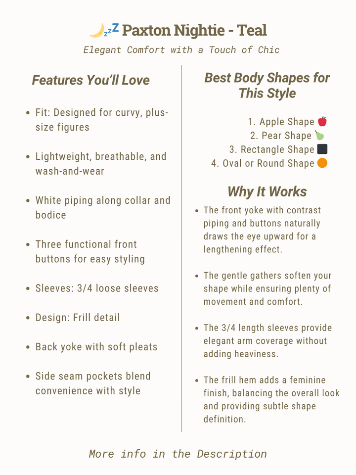 Paxton Nightie - Teal features and body shapes it flatters for elegant comfort and chic style.