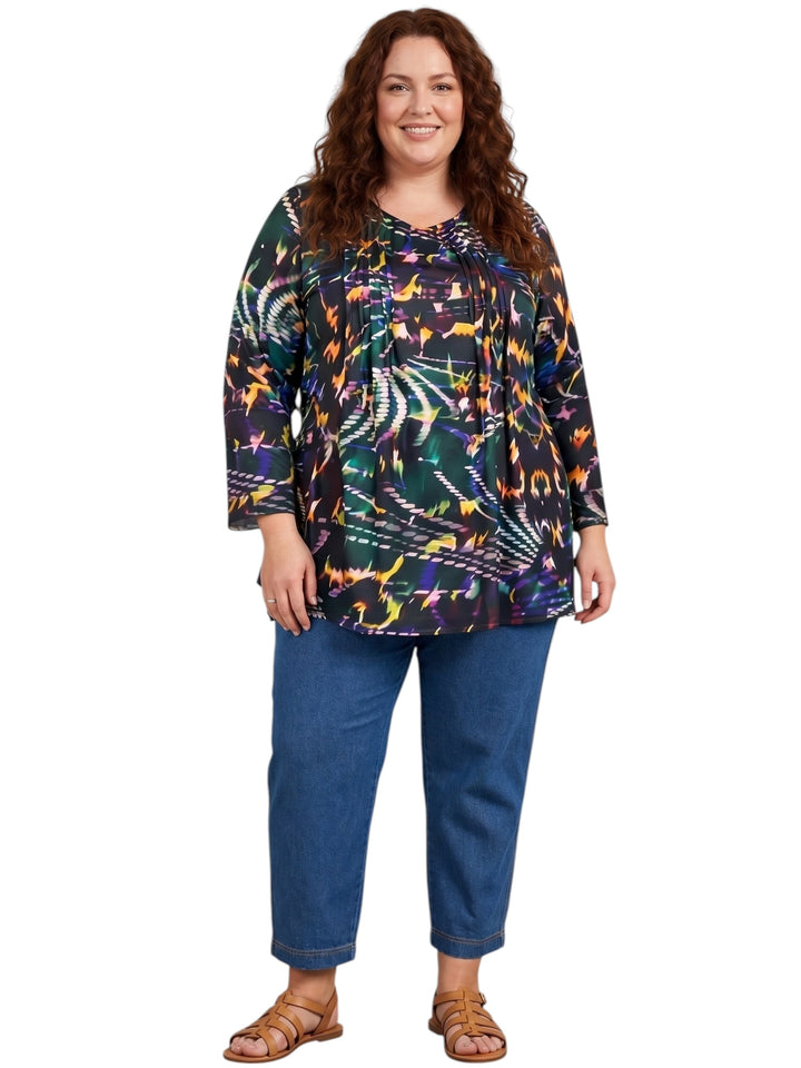 Ryleigh Pleat Top - Green Print Plus Size Tops Dale and Waters