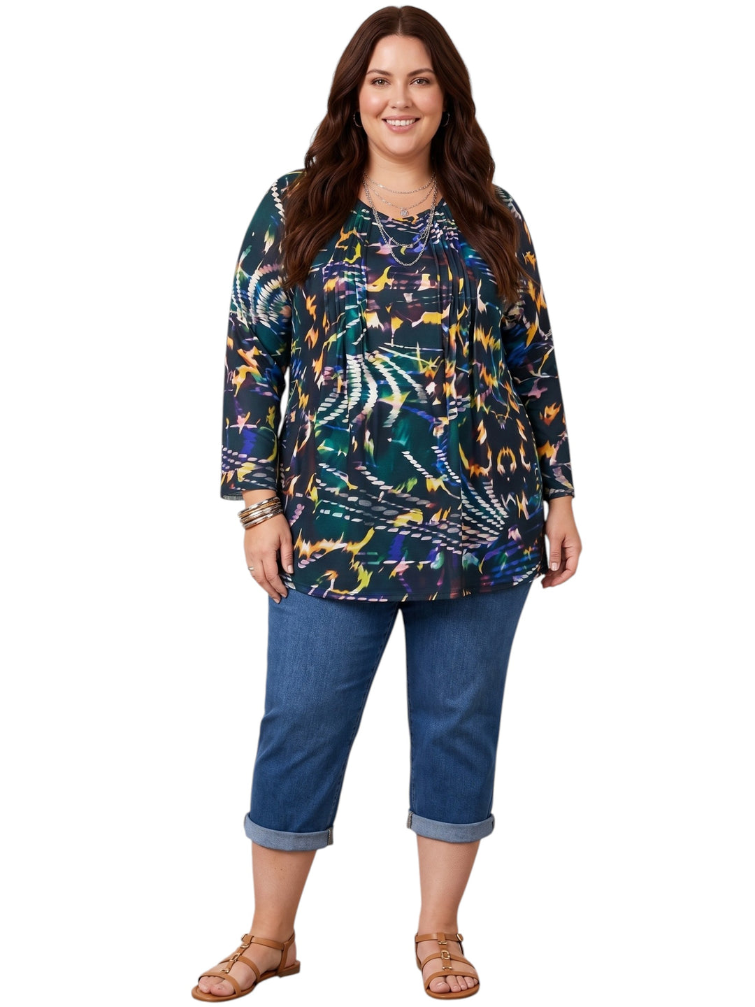 Ryleigh Pleat Top - Green Print Plus Size Tops Dale and Waters