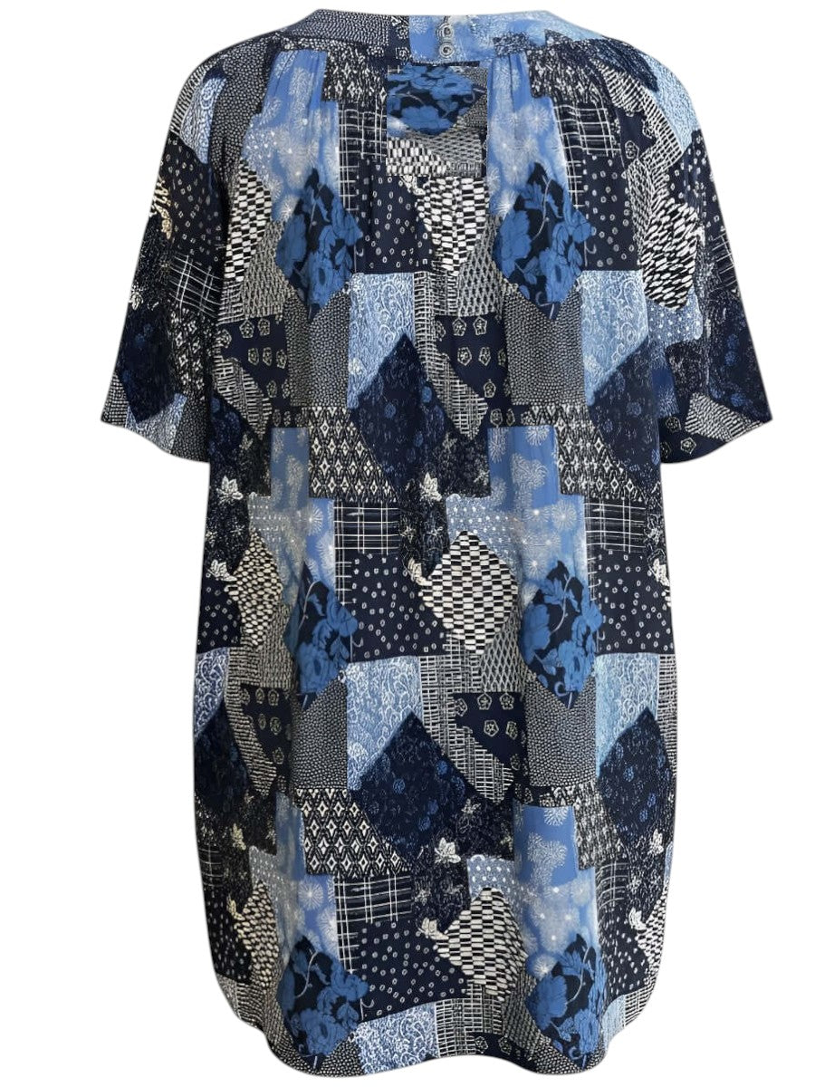 Sterling Fields Top - Patchwork Print in a blue and black patchwork design, perfect for plus size women size 16-50.