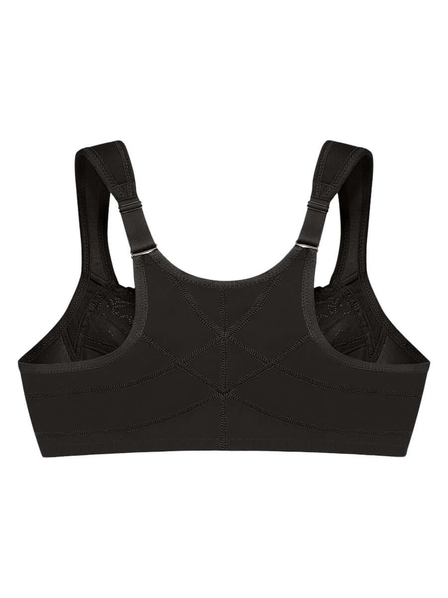 Glamorise Bra 1255 - Front Closure Posture Back WonderWire Lace - Black back view, plus size support for women 16-50.