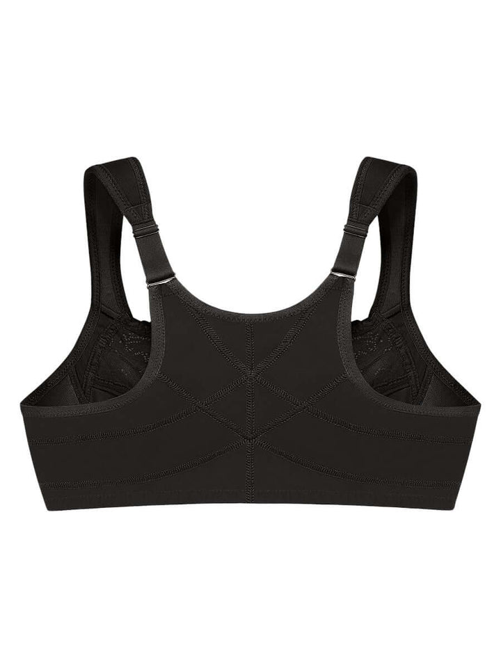 Glamorise Bra 1255 - Front Closure Posture Back WonderWire Lace - Black back view, plus size support for women 16-50.