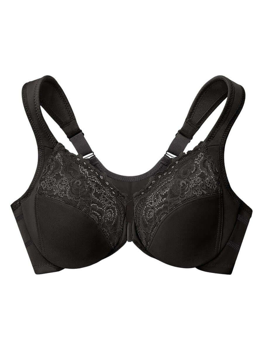 Glamorise Bra 1255 - Front Closure Posture Back WonderWire Lace - Black for plus size women at Dale and Waters.