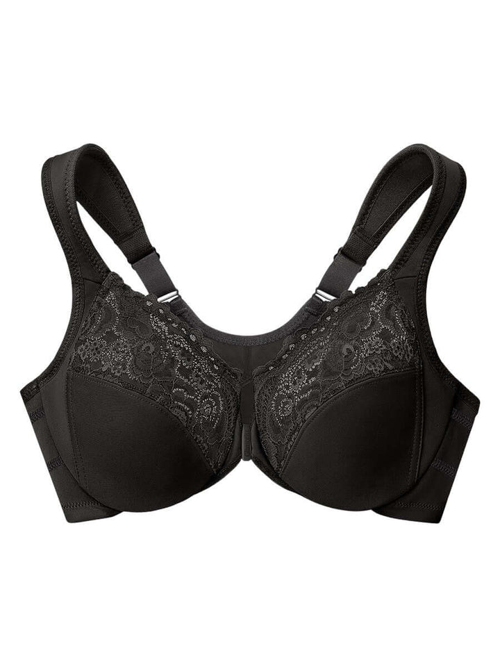 Glamorise Bra 1255 - Front Closure Posture Back WonderWire Lace - Black for plus size women at Dale and Waters.