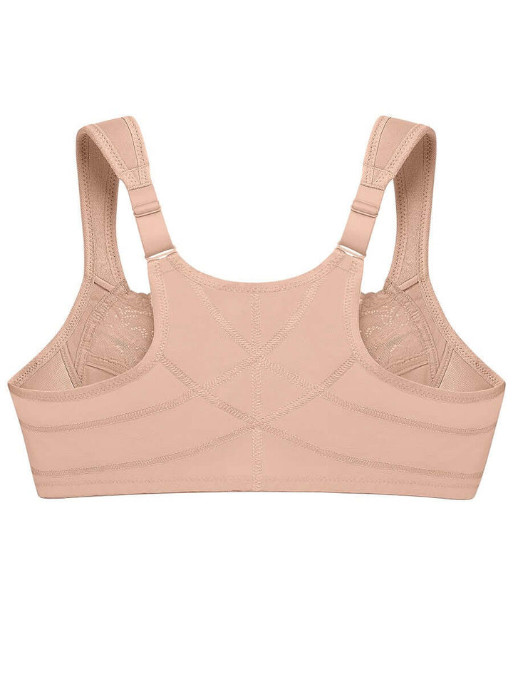 Glamorise Bra 1255 - Front Closure Posture Back WonderWire Lace - Beige, back view showing support and comfort features.