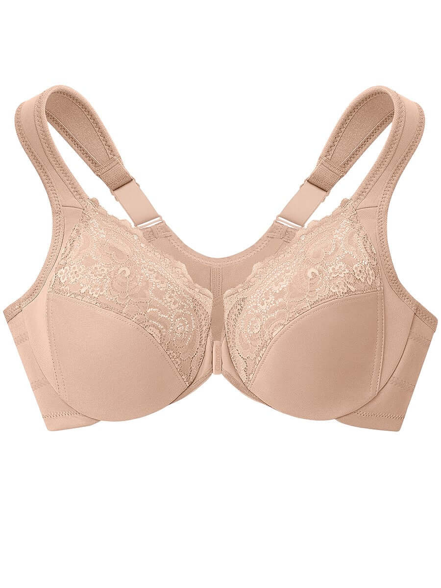 Glamorise Bra 1255 - Front Closure Posture Back WonderWire Lace - Beige, plus size support with elegant lace, size 16-50.
