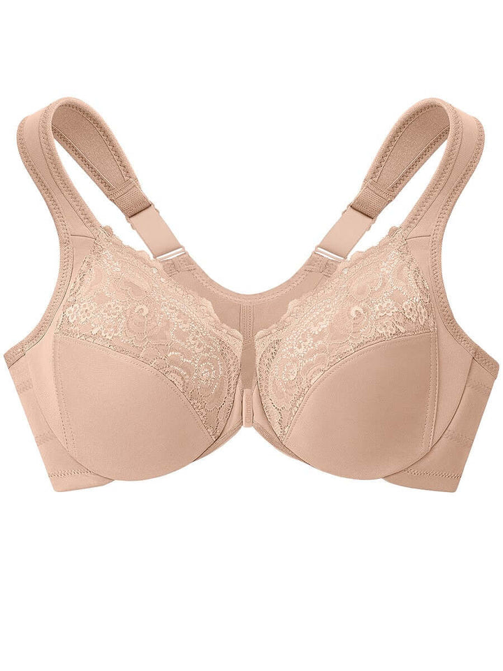 Glamorise Bra 1255 - Front Closure Posture Back WonderWire Lace - Beige, plus size support with elegant lace, size 16-50.