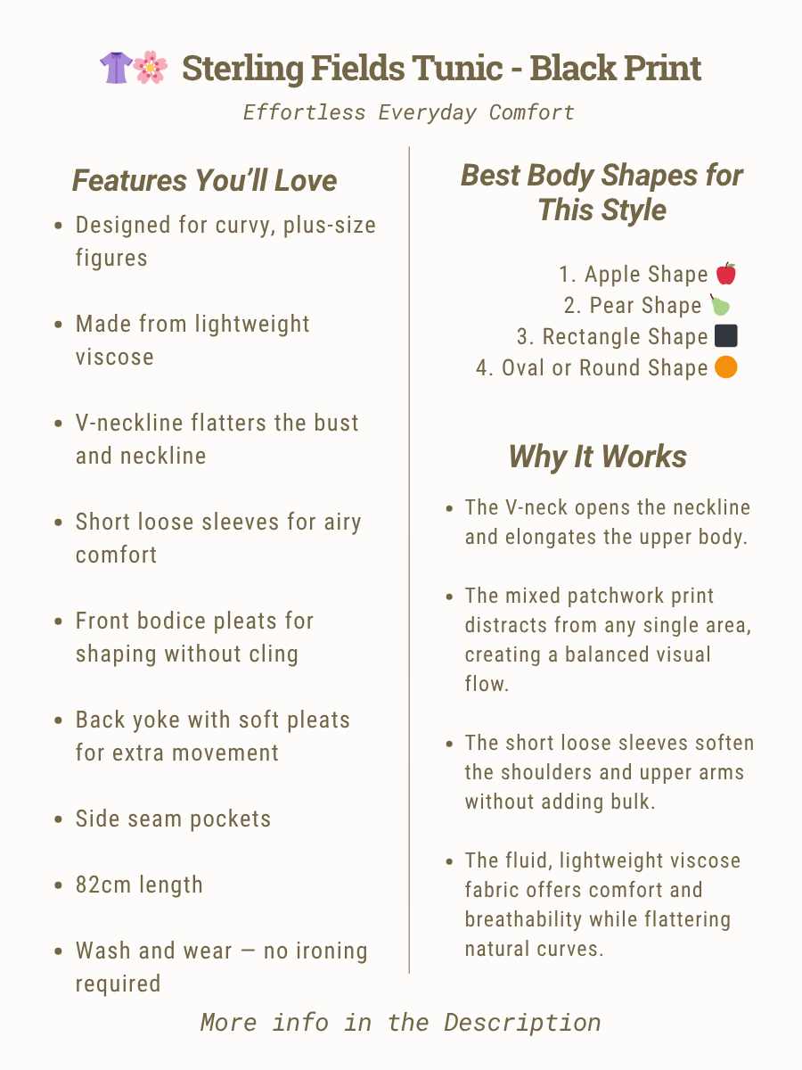 Sterling Fields Top - Patchwork Print features and benefits for plus size women, showcasing stylish design and comfort.