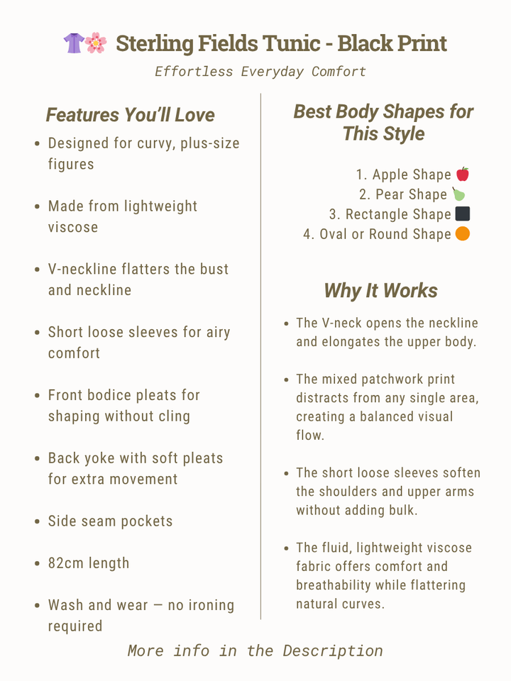 Sterling Fields Top - Patchwork Print features and benefits for plus size women, showcasing stylish design and comfort.