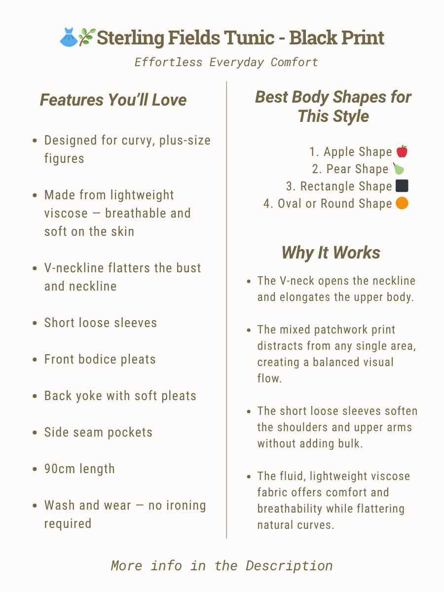 Sterling Fields Tunic - Black Print features, best body shapes, plus size style for women, breathable comfort.