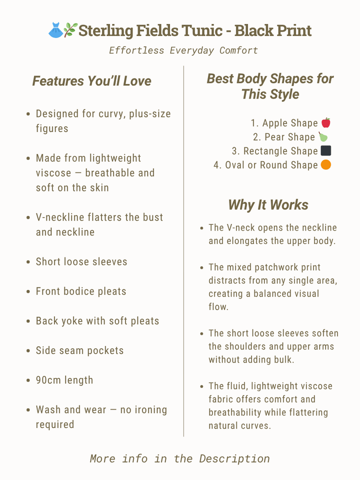 Sterling Fields Tunic - Black Print features, best body shapes, plus size style for women, breathable comfort.