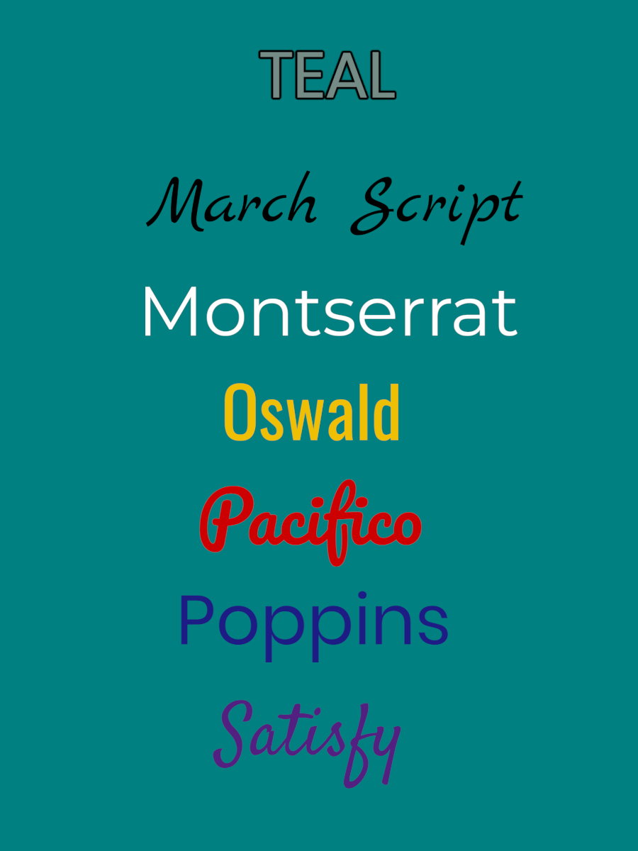 Teal image featuring font styles March Script, Montserrat, Oswald, Pacifico, Poppins, and Satisfy.