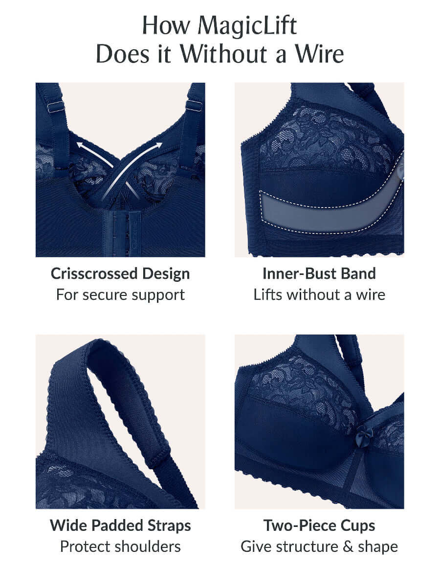 How MagicLift Does it Without a Wire: Crisscrossed design, inner-bust band, wide padded straps, and two-piece cups.