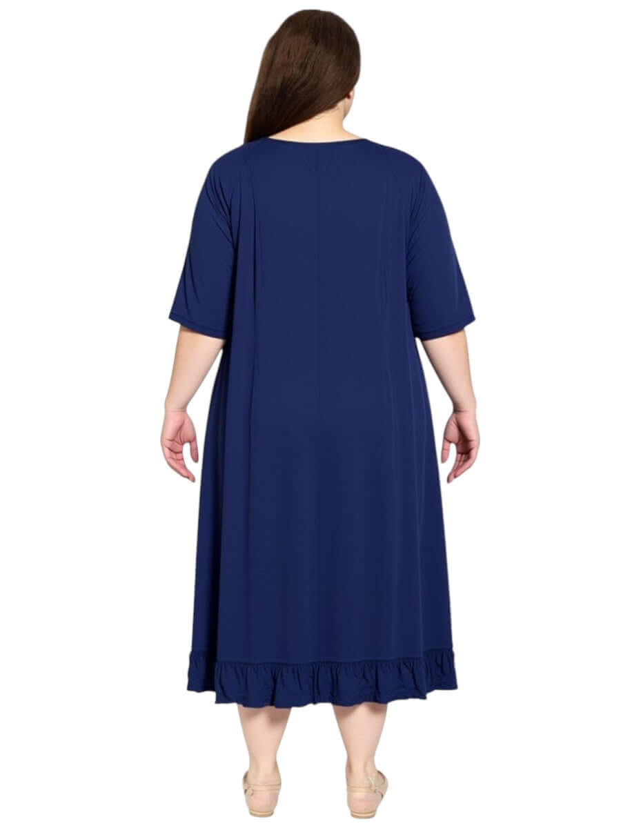 Back view of Dale and Waters Women’s Plus Size Trinity Dress – Navy featuring short sleeves and ruffled hem.