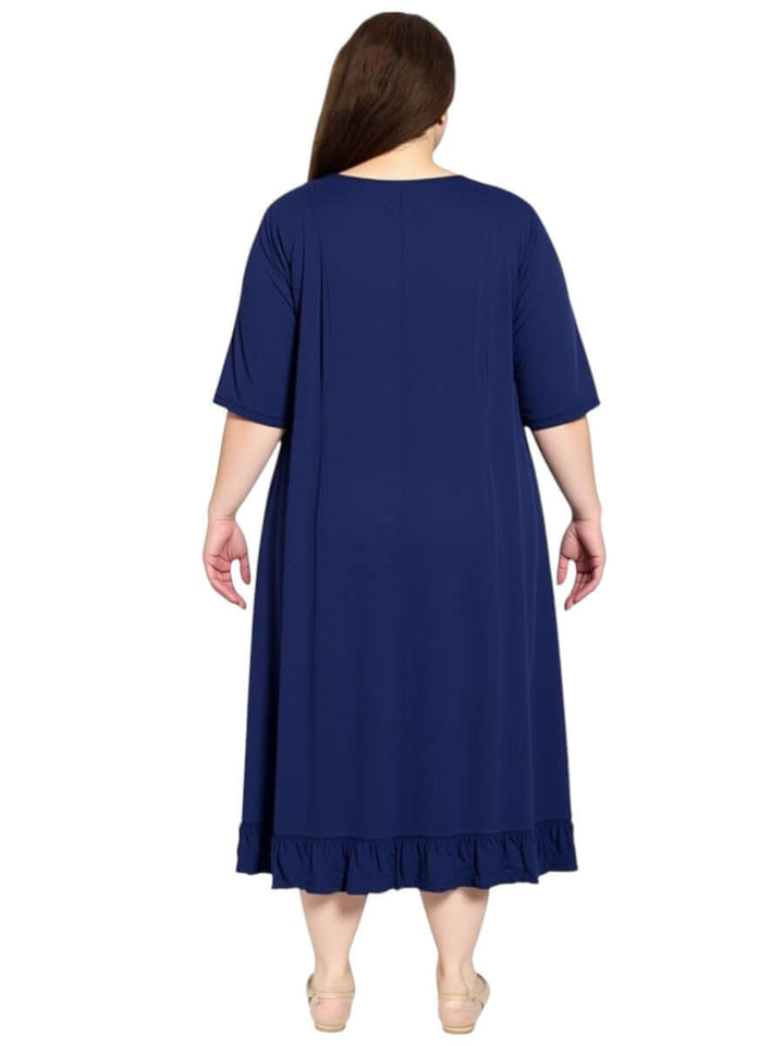 Back view of Dale and Waters Women’s Plus Size Trinity Dress – Navy featuring short sleeves and ruffled hem.