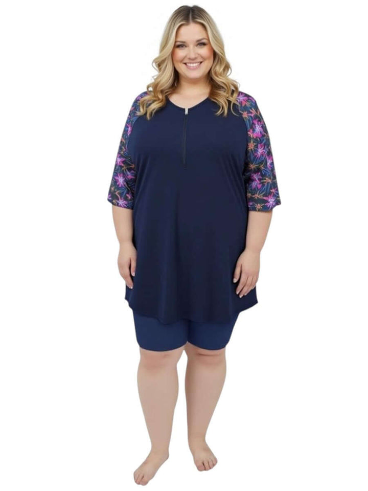 Tropical Twilight Swim Rashi Tunic - Navy