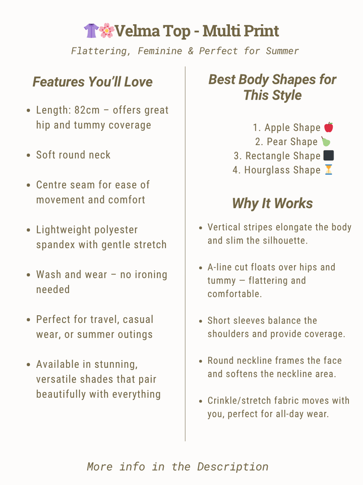Velma Top - Multi Print features and styling guide for curvy women, highlighting comfort and design attributes.