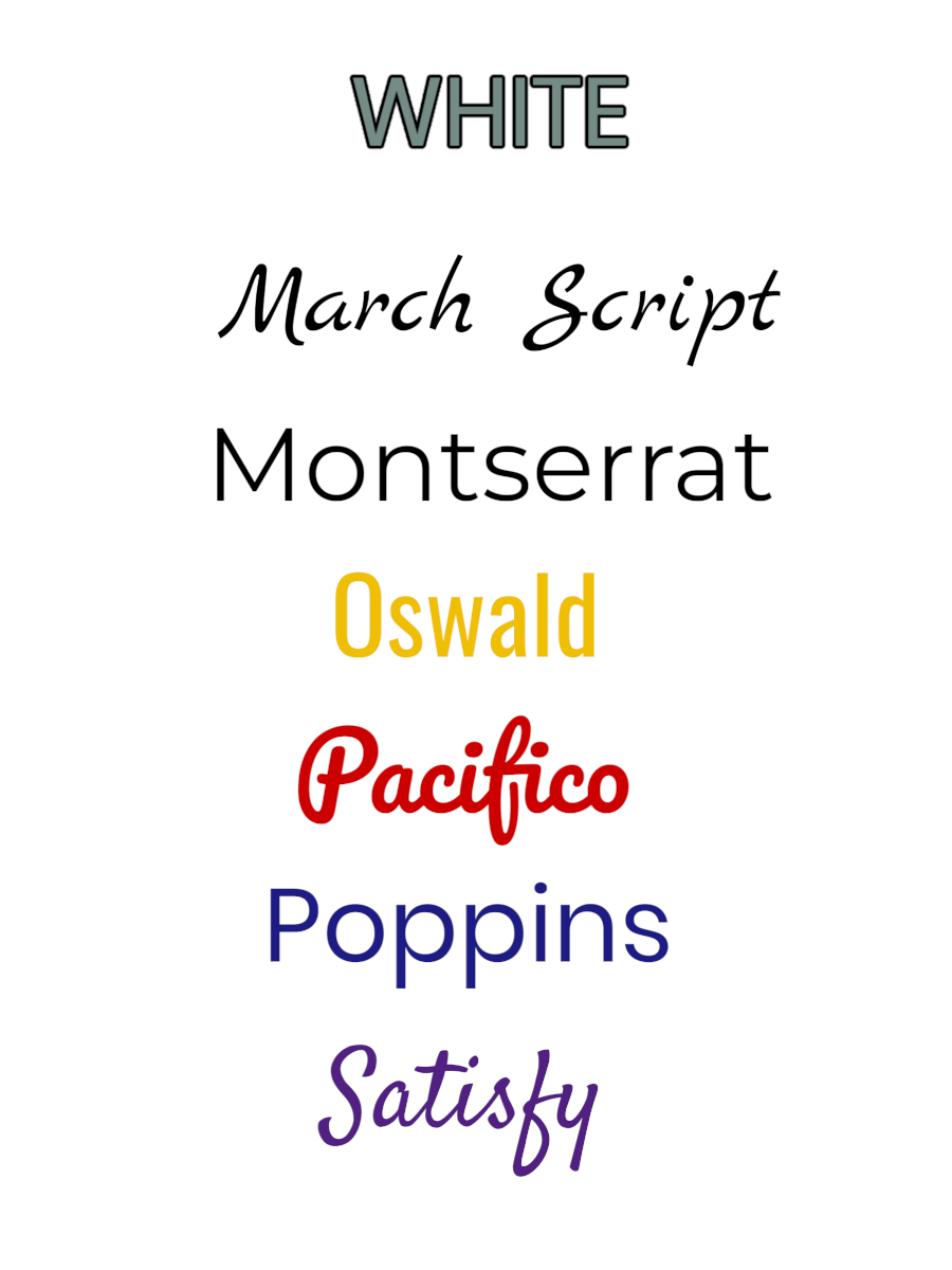 Different font styles including March Script, Montserrat, Oswald, Pacifico, Poppins, and Satisfy in white text.