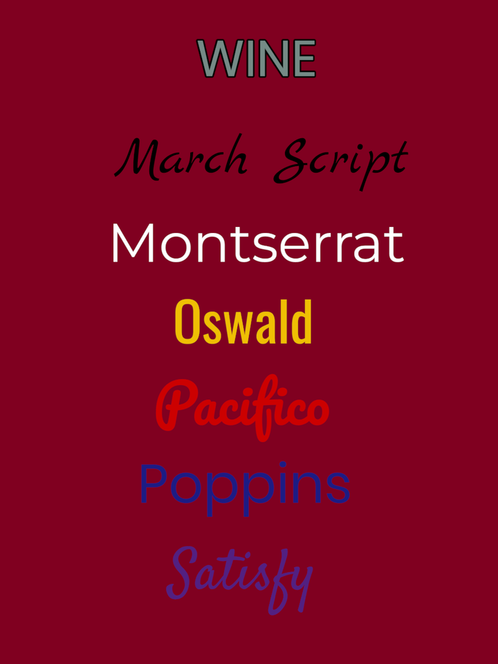 Image showcasing various fonts including March Script, Montserrat, Oswald, Pacifico, Poppins, and Satisfy.