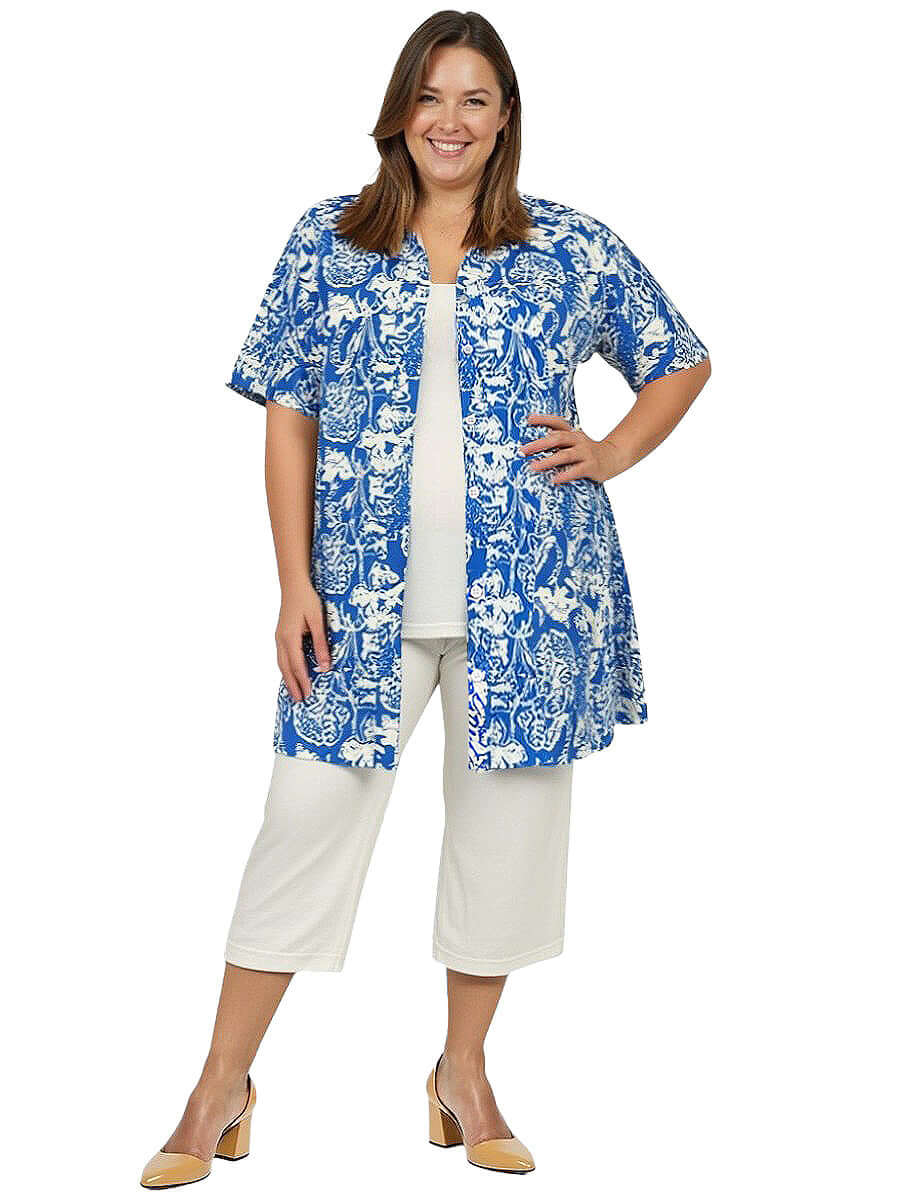 Women’s Plus Size Austen Tunic - Blue Print styled with cream capris for a casual, chic look.