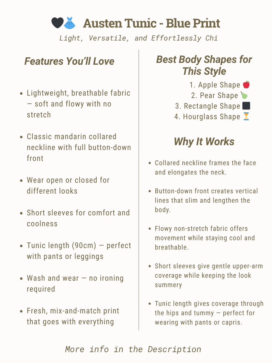 Austen Tunic - Blue Print features and best body shapes for styling, including lightweight fabric and comfortable design.